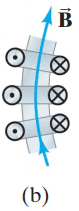 Problem 49. (b) A section of the toroid showing direction of the current for three loops: a dot means current toward you, and a cross means current away from you. 