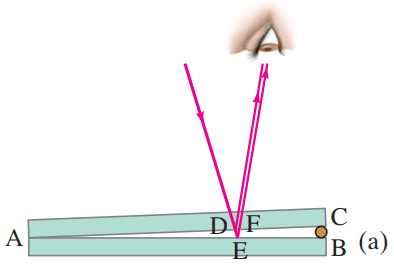 (a) Light rays reflected from the upper and lower surfaces of a thin wedge of air (between two glass plates) interfere to produce bright and dark bands.
