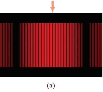 (a) Interference fringes produced by a double-slit experiment and detected by photographic film placed on the viewing screen. The arrow marks the central fringe.